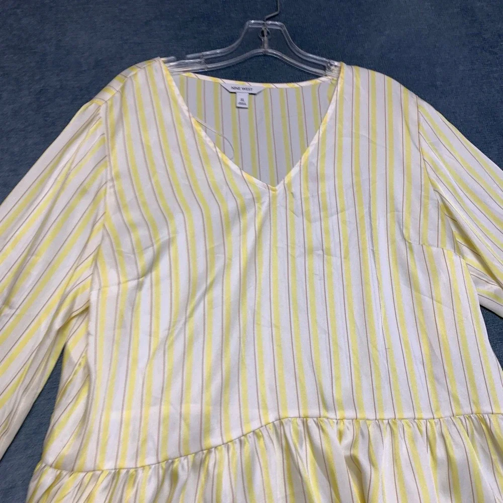 Nine West Shirred Tunic Top Womens XL Yellow White Striped V Neck Long Sleeve